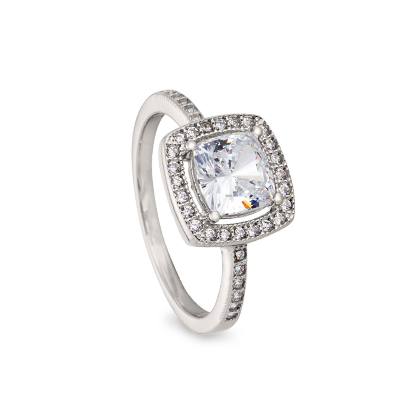 Ring with Cushion Cut Simulated Diamond with Halo and Micropave Band