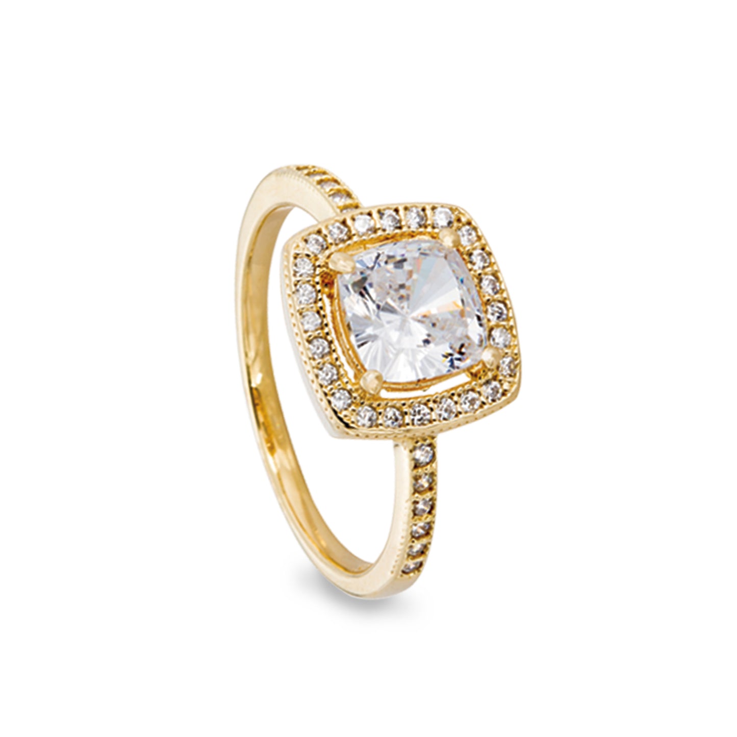 Ring with Cushion Cut Simulated Diamond with Halo and Micropave Band