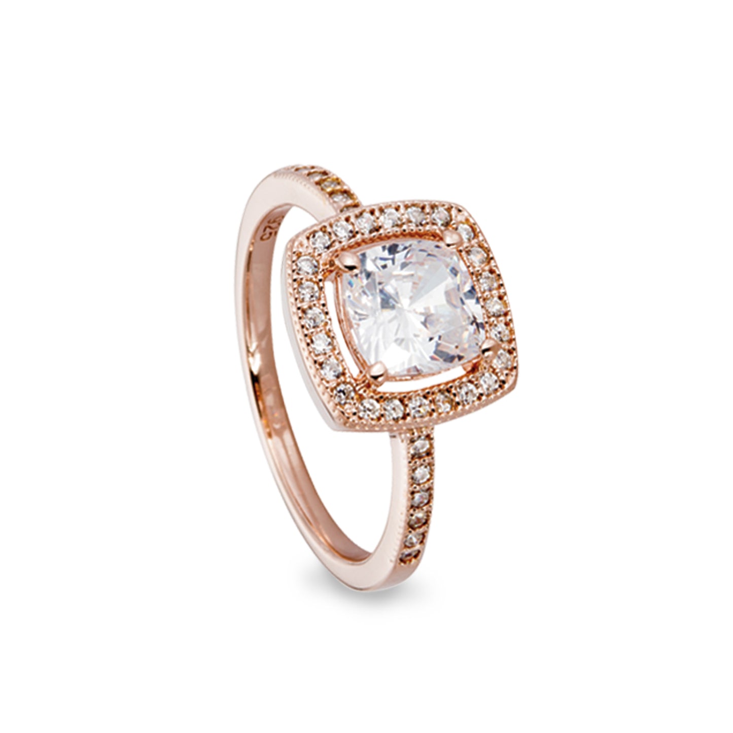 Ring with Cushion Cut Simulated Diamond with Halo and Micropave Band