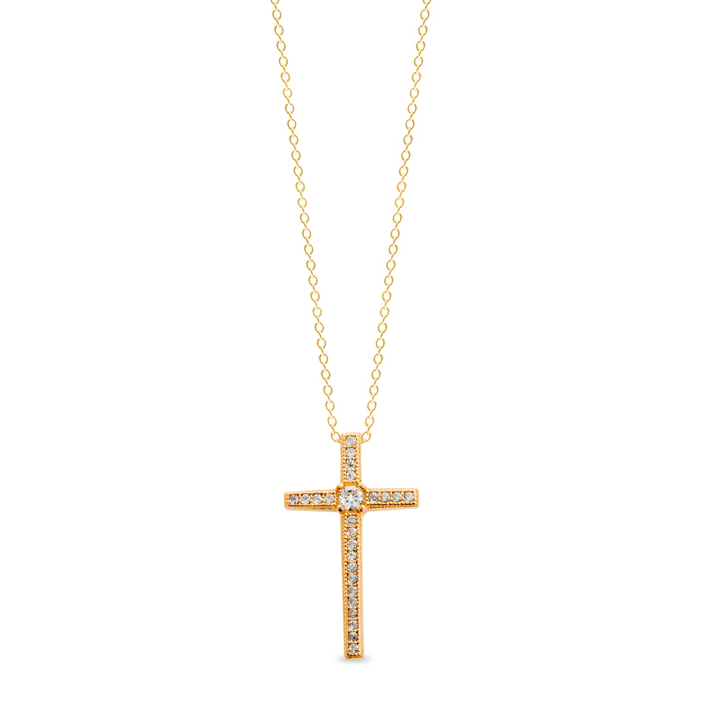 Thin Cross Pendant with Central Simulated Diamond