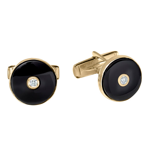 Round Black Onyx Cufflinks with Central Diamond   (LKCL-22B-D)