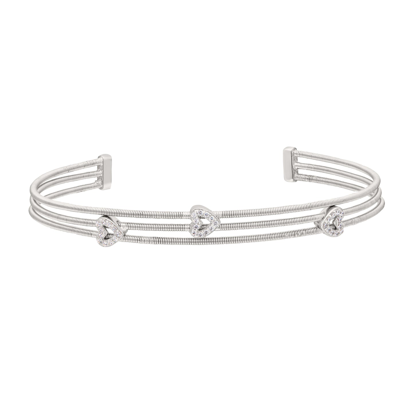 Three Cable Cuff Bracelet with Three Open Hearts (LL7010B-RH-RH)