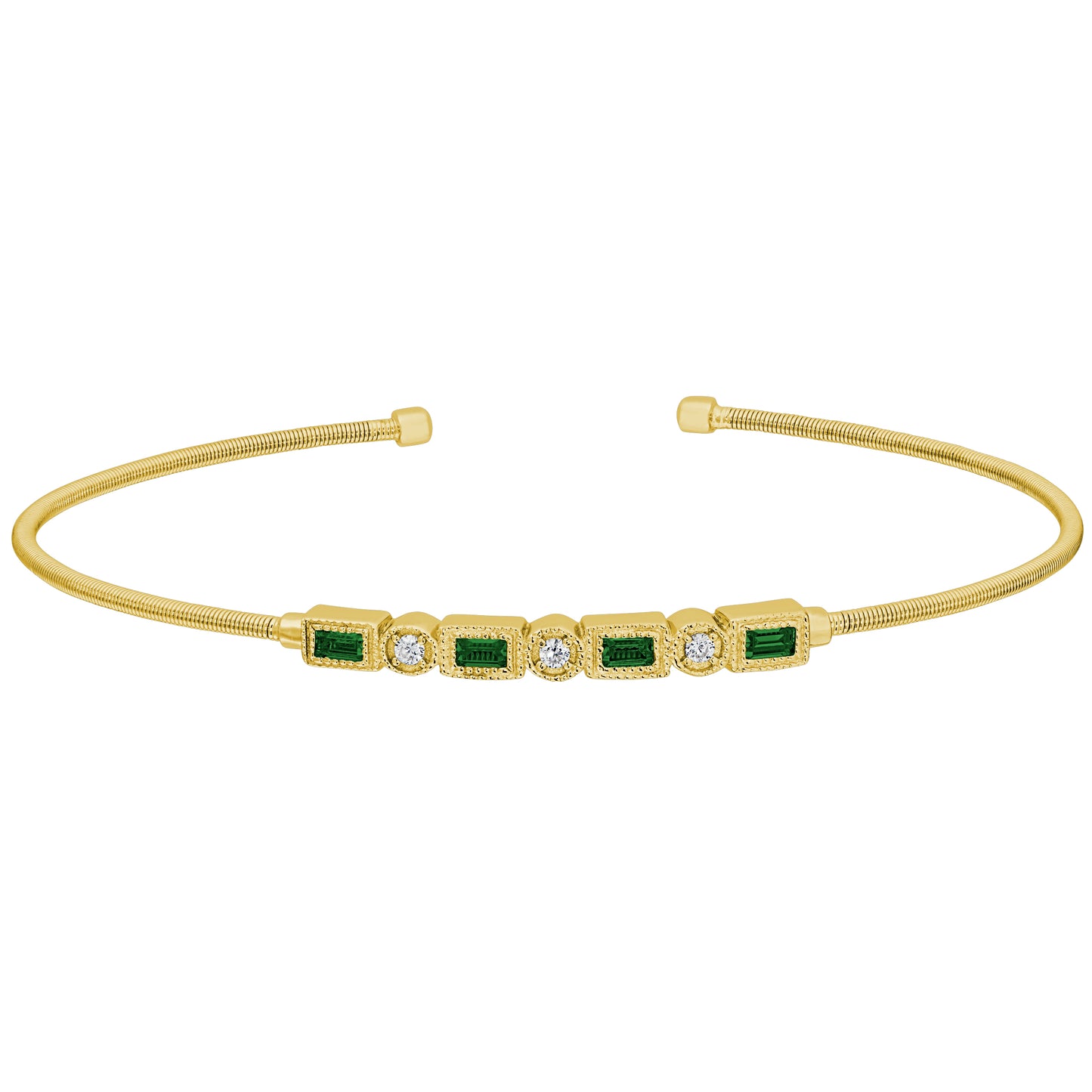 Single Cable Cuff Bracelet with Rectangle and Round Stone Pattern (LL7027B-G-EM)