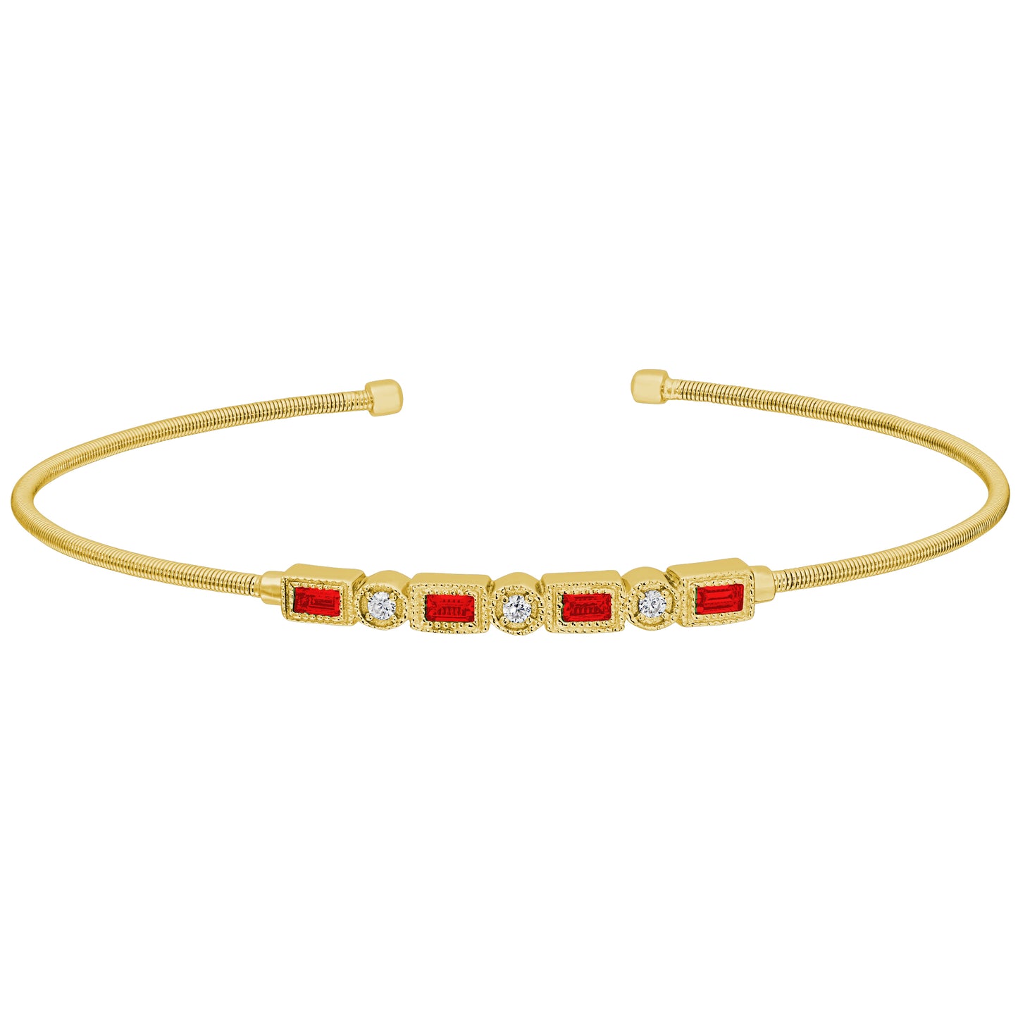 Single Cable Cuff Bracelet with Rectangle and Round Stone Pattern (LL7027B-G-RUBY)