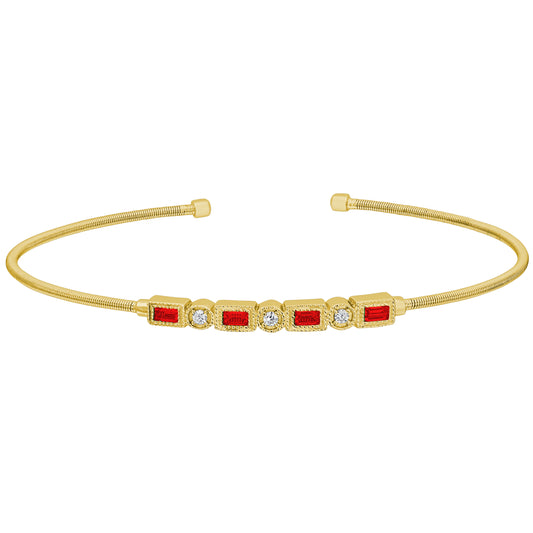 Single Cable Cuff Bracelet with Rectangle and Round Stone Pattern   (LL7027B-G-RUBY)
