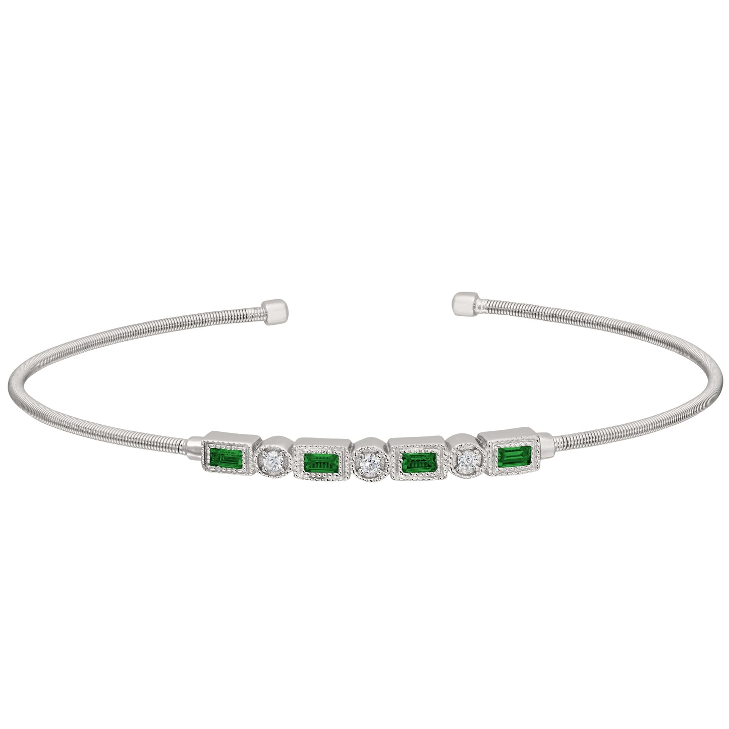 Single Cable Cuff Bracelet with Rectangle and Round Stone Pattern (LL7027B-RH-EM)