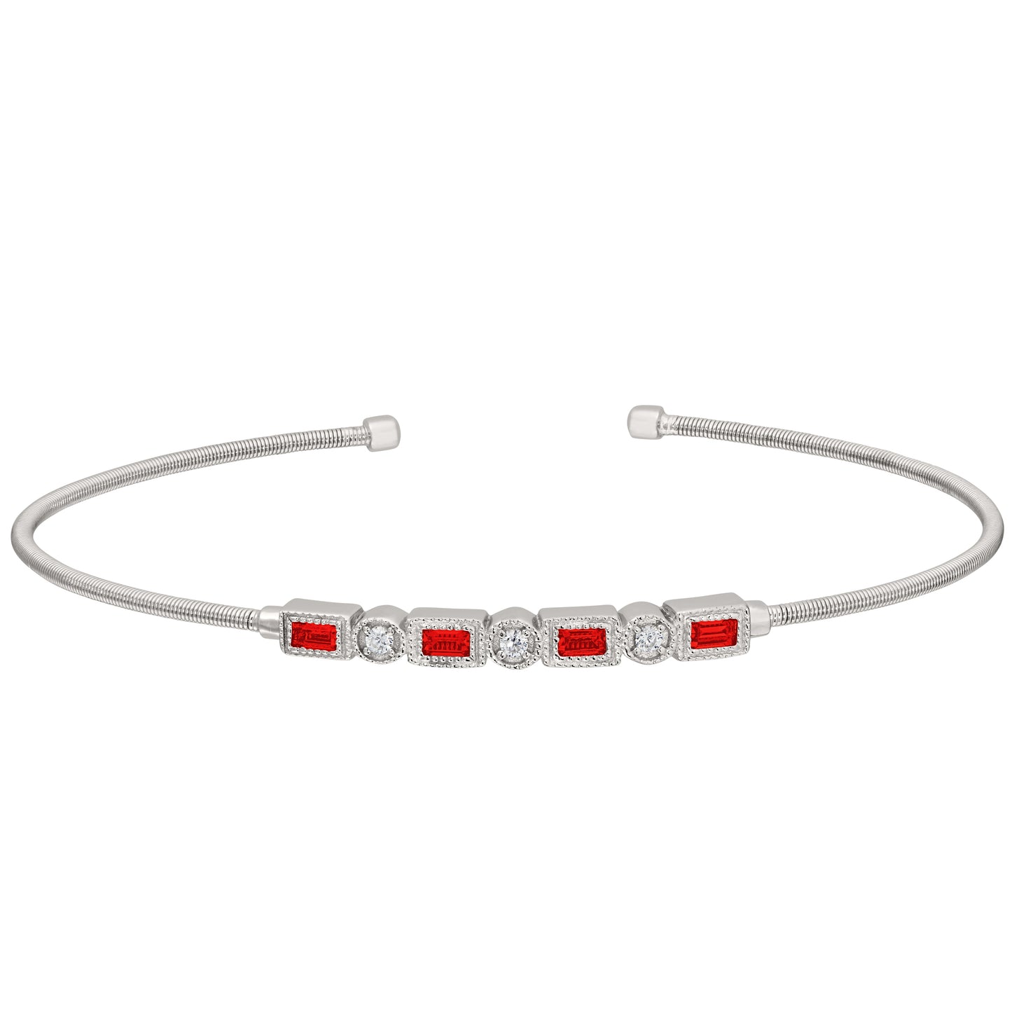 Single Cable Cuff Bracelet with Rectangle and Round Stone Pattern (LL7027B-RH-RUBY)