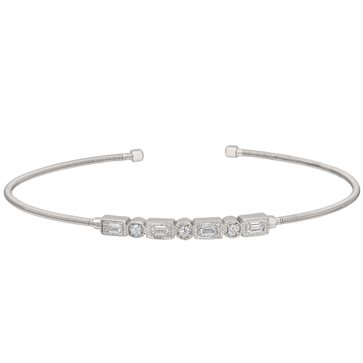 Single Cable Cuff Bracelet with Rectangle and Round Stone Pattern (LL7027B-RH)