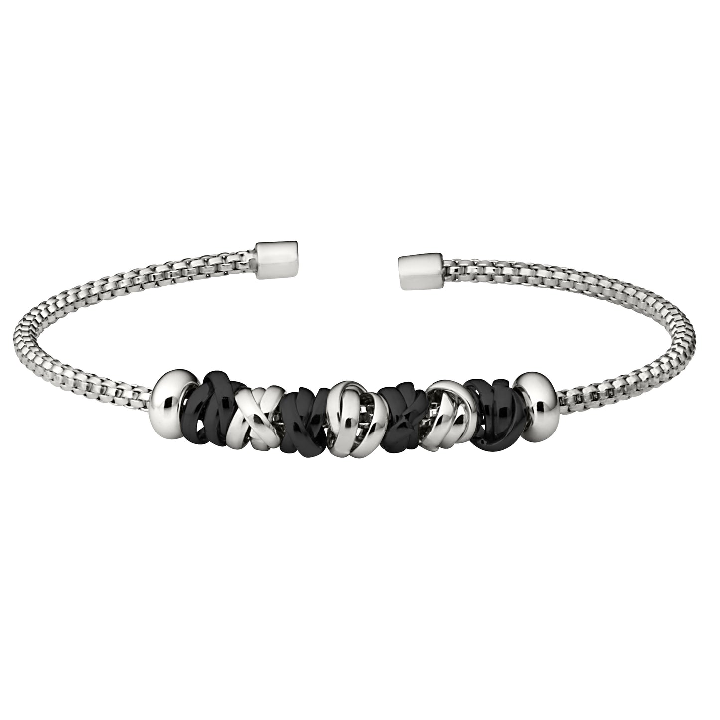 Box Link Cuff Bracelet with Interlocked Two Tone Rings (LL7098B-RH-BR)