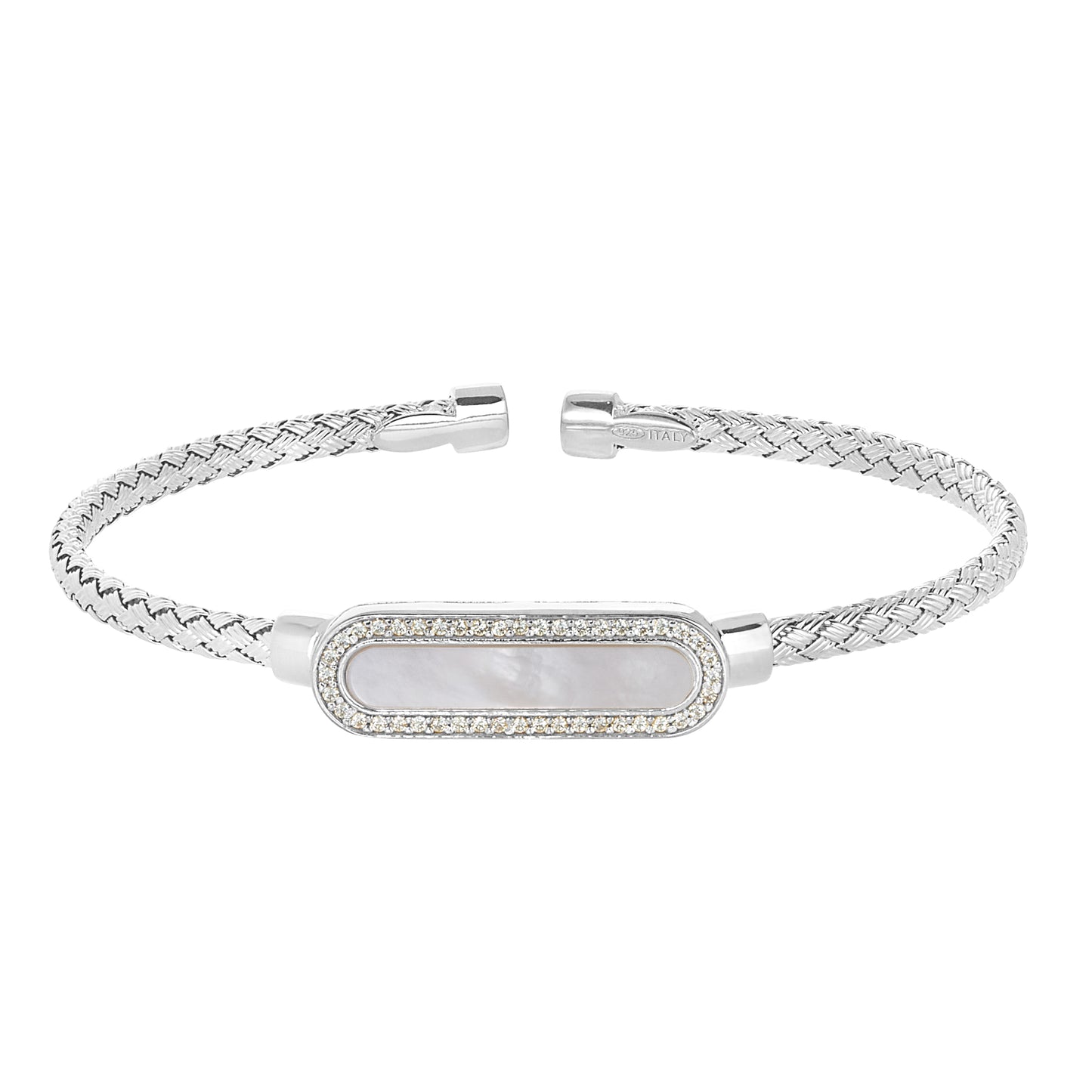 Basketweave Cuff Bracelet with Mother of Pearl Stone (LL7154B-RH-MOP)