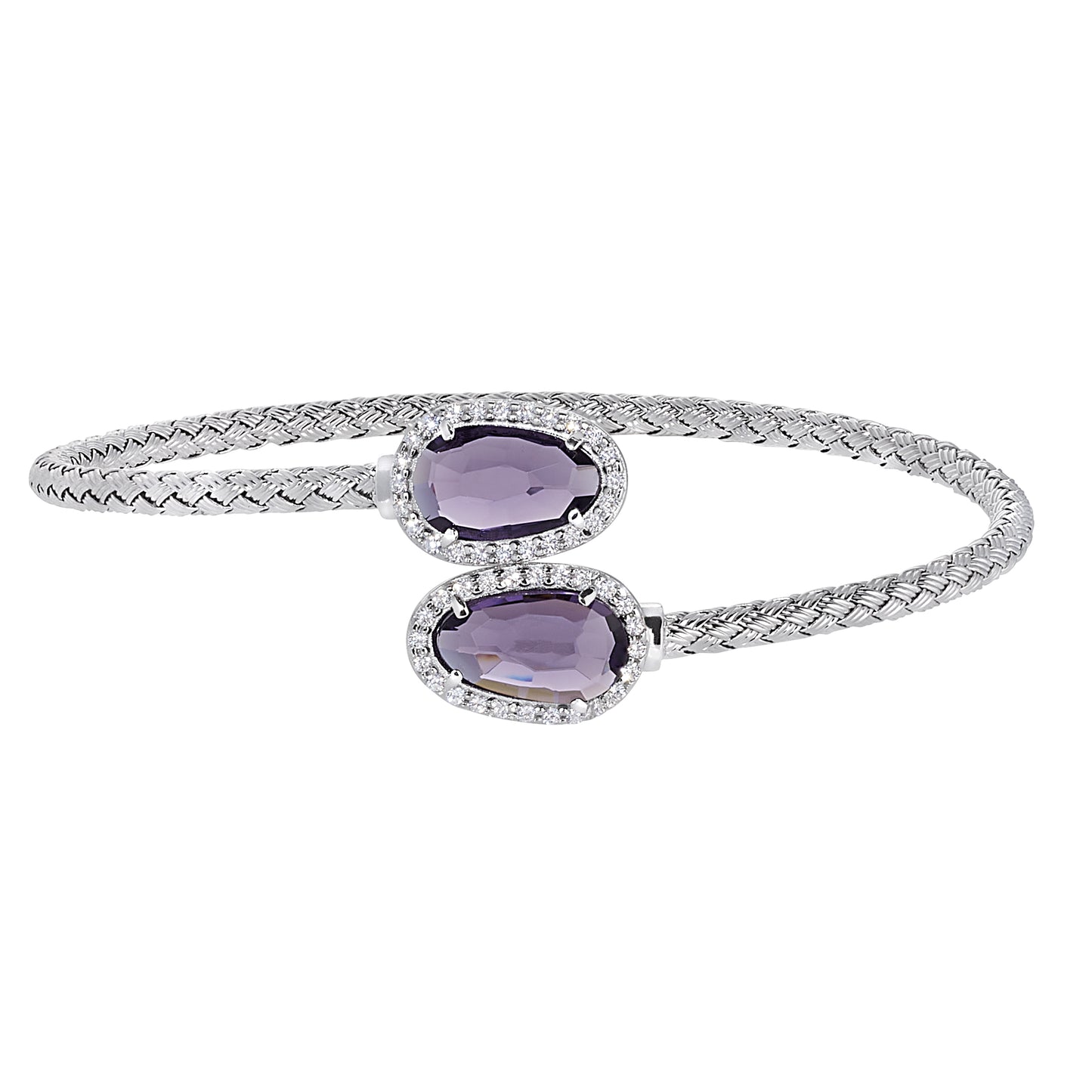 Top Open Basketweave Cuff Bracelet with Two Lilac Stones (LL7158B-RH-LIL)