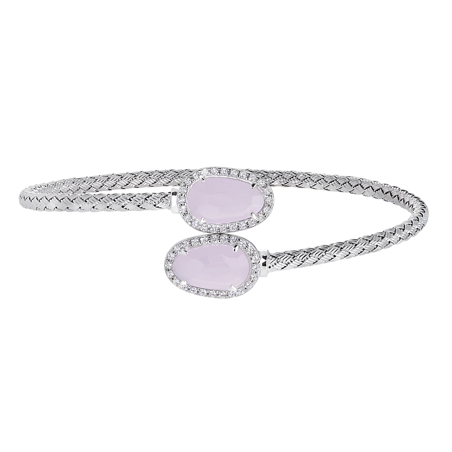 Top Open Basketweave Cuff Bracelet with Two Pink Stones   (LL7158B-RH-PK)