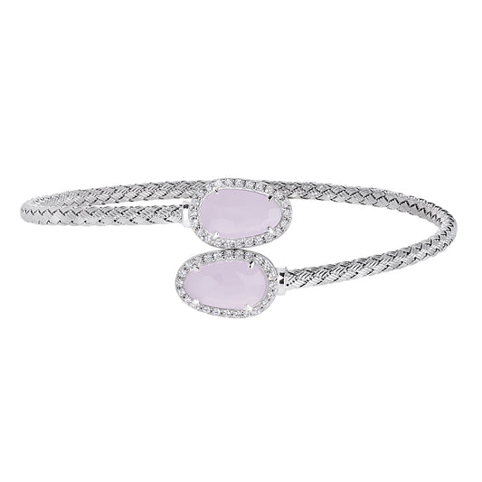 Top Open Basketweave Cuff Bracelet with Two Pink Stones   (LL7158B-RH-PK)