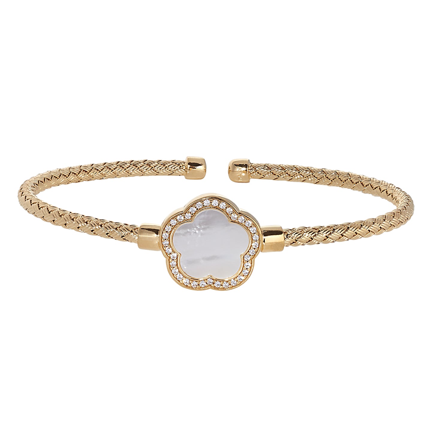 Mother of Pearl Flower Basketweave Cuff Bracelet (LL7160B-G-MOP)