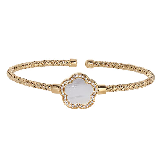 Mother of Pearl Flower Basketweave Cuff Bracelet   (LL7160B-G-MOP)