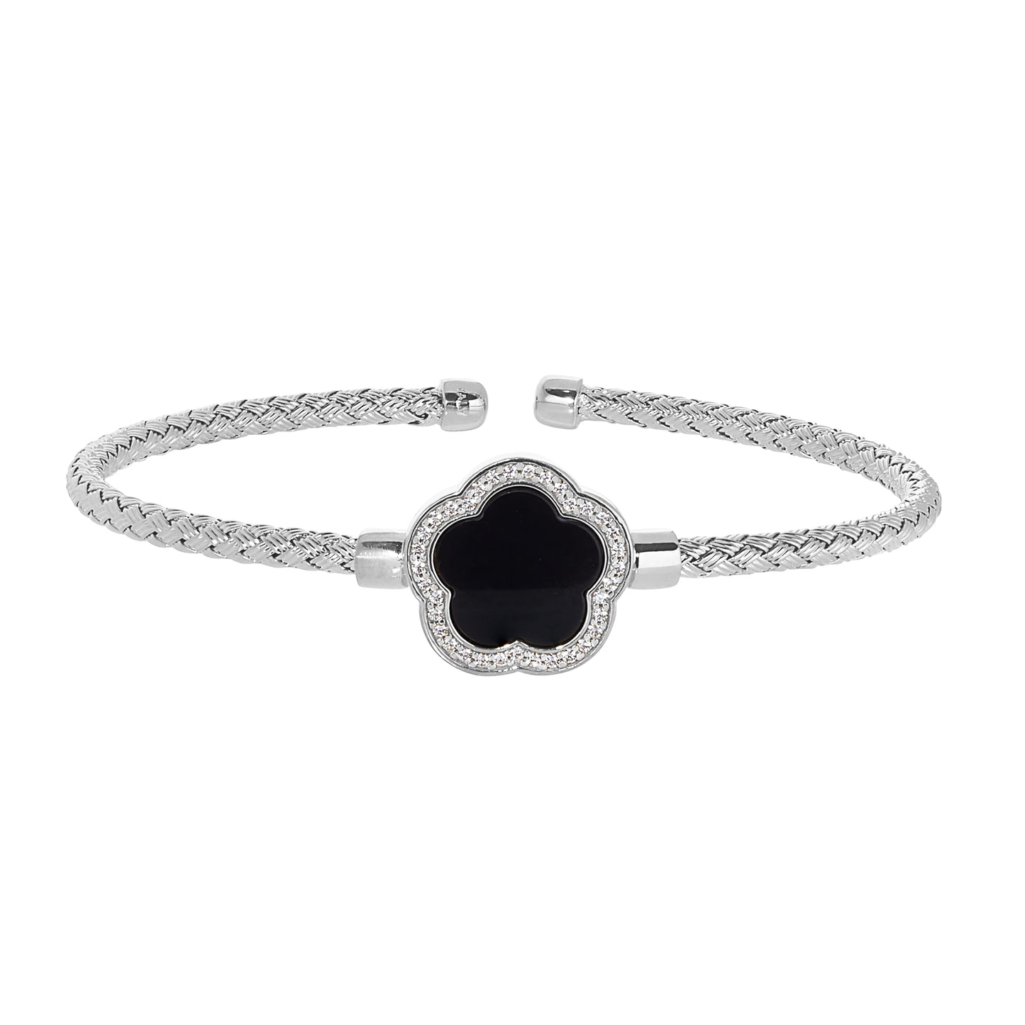 Black Flower Basketweave Cuff Bracelet (LL7160B-RH-BK)