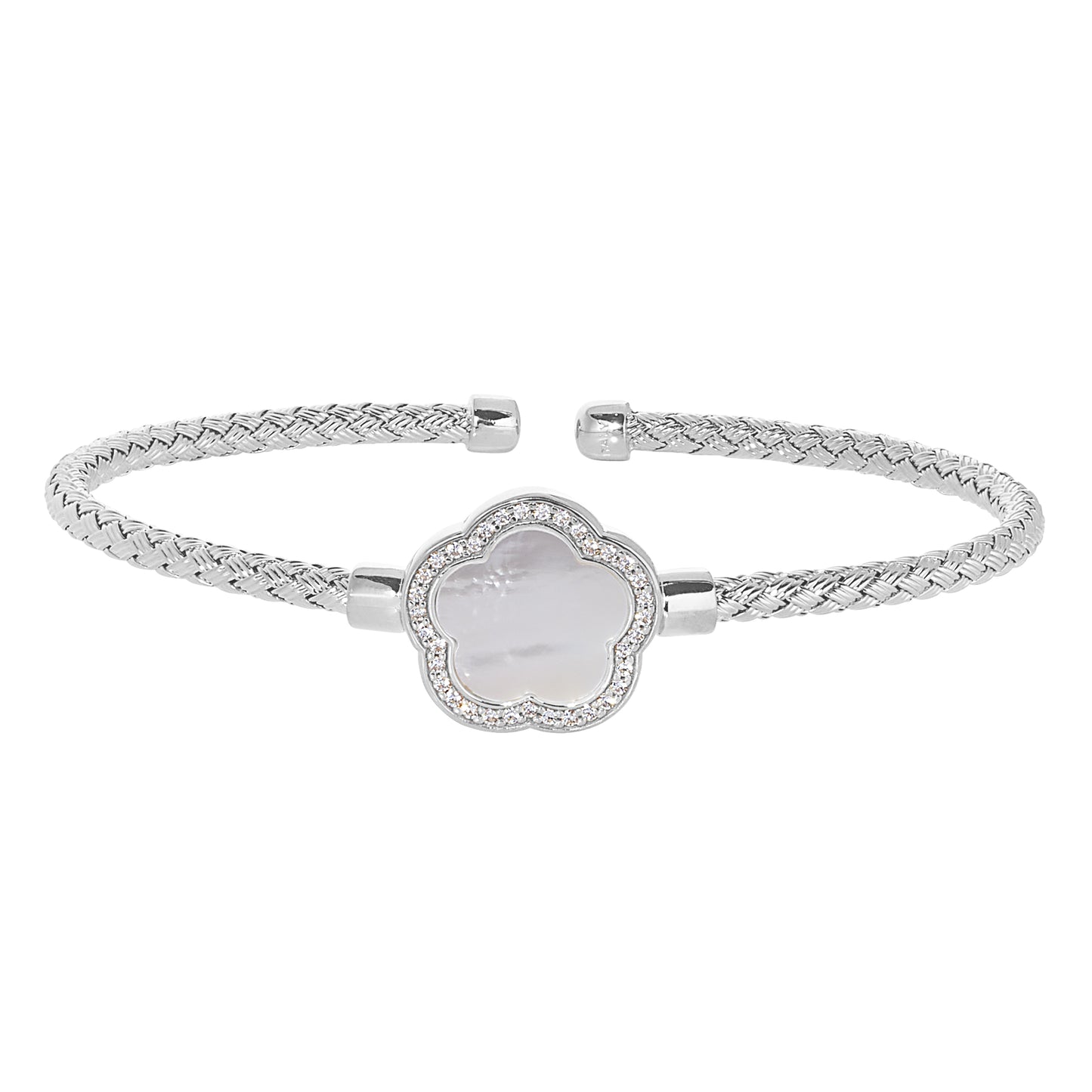 Mother of Pearl Flower Basketweave Cuff Bracelet (LL7160B-RH-MOP)