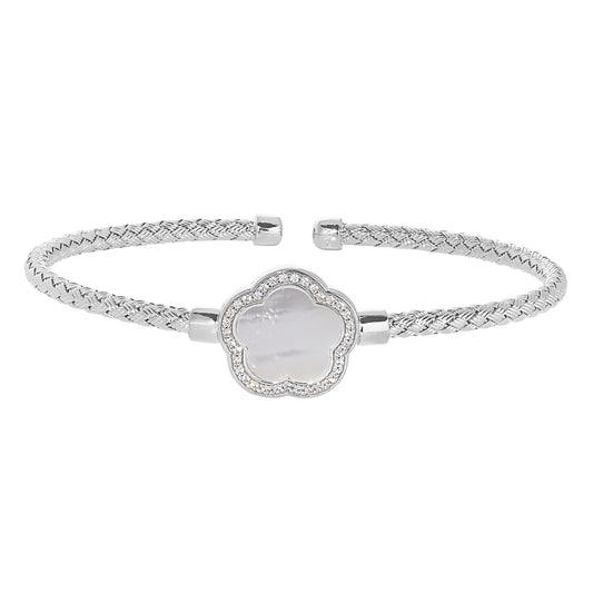 Mother of Pearl Flower Basketweave Cuff Bracelet   (LL7160B-RH-MOP)