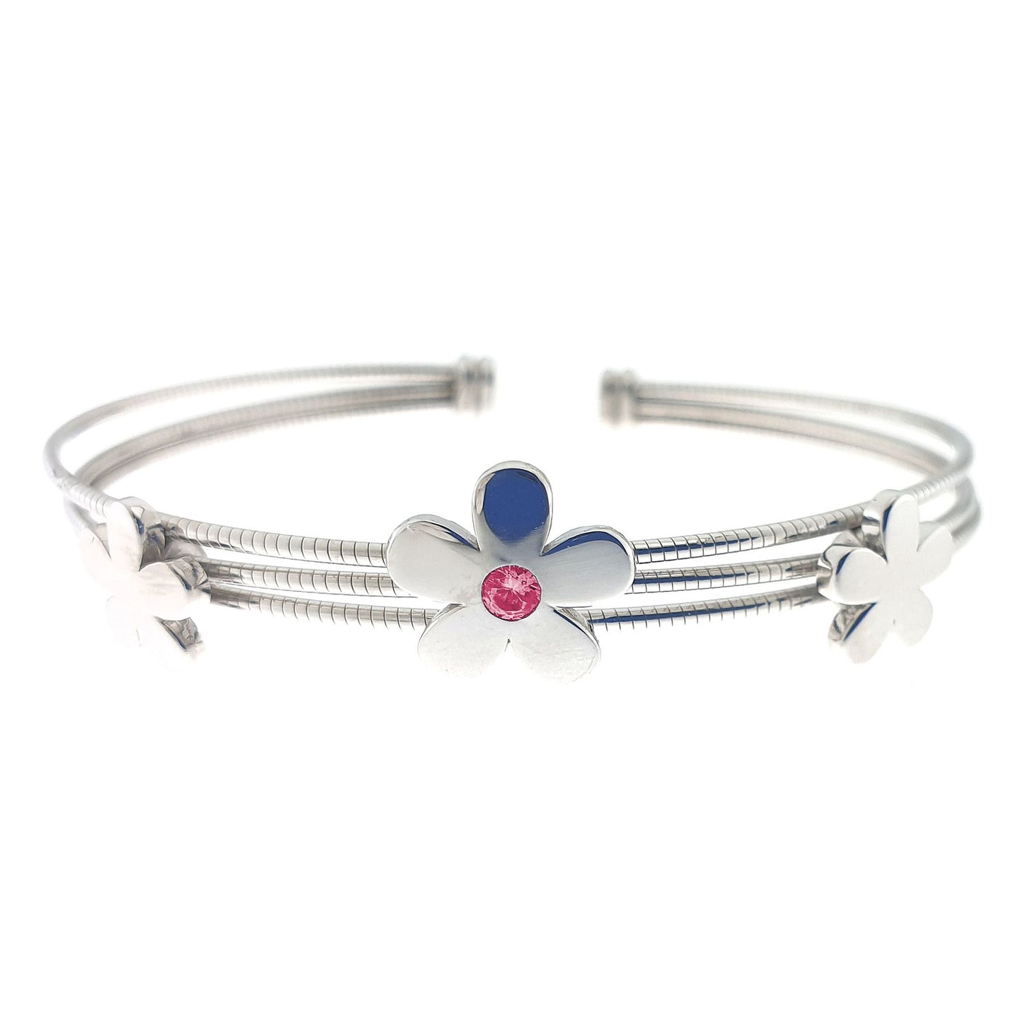 Three Flower with Central Stones Cable Cuff Bracelet (LL7165B-RH)