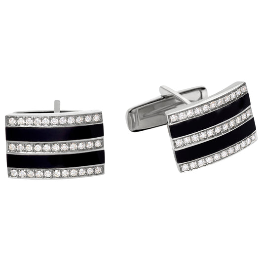 Curved Rectangle Cufflinks with Onyx Inlay and Diamond Stripes   (LWCL-600-10-D)