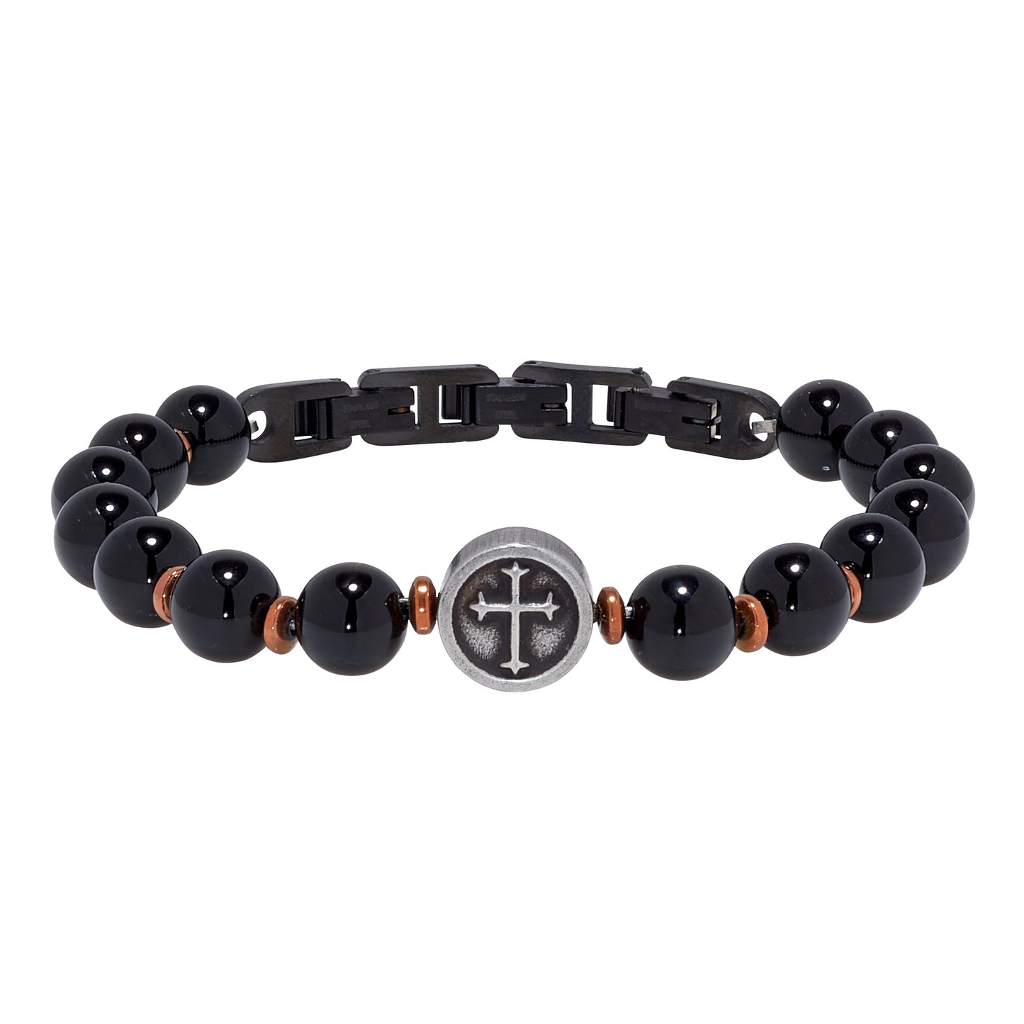 Men's Black Beaded Stone Bracelet with Cross