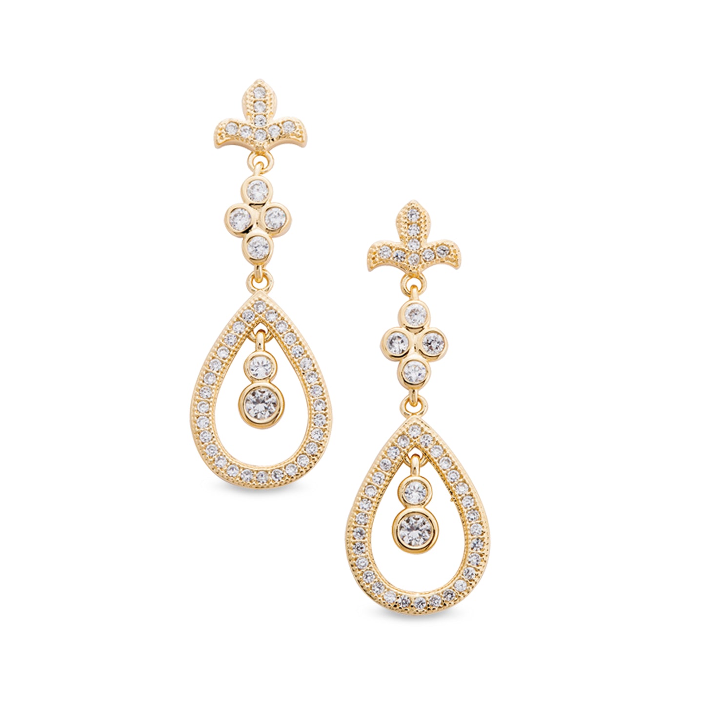 Fleur De Lis Teardrop Earrings with Simulated Diamonds