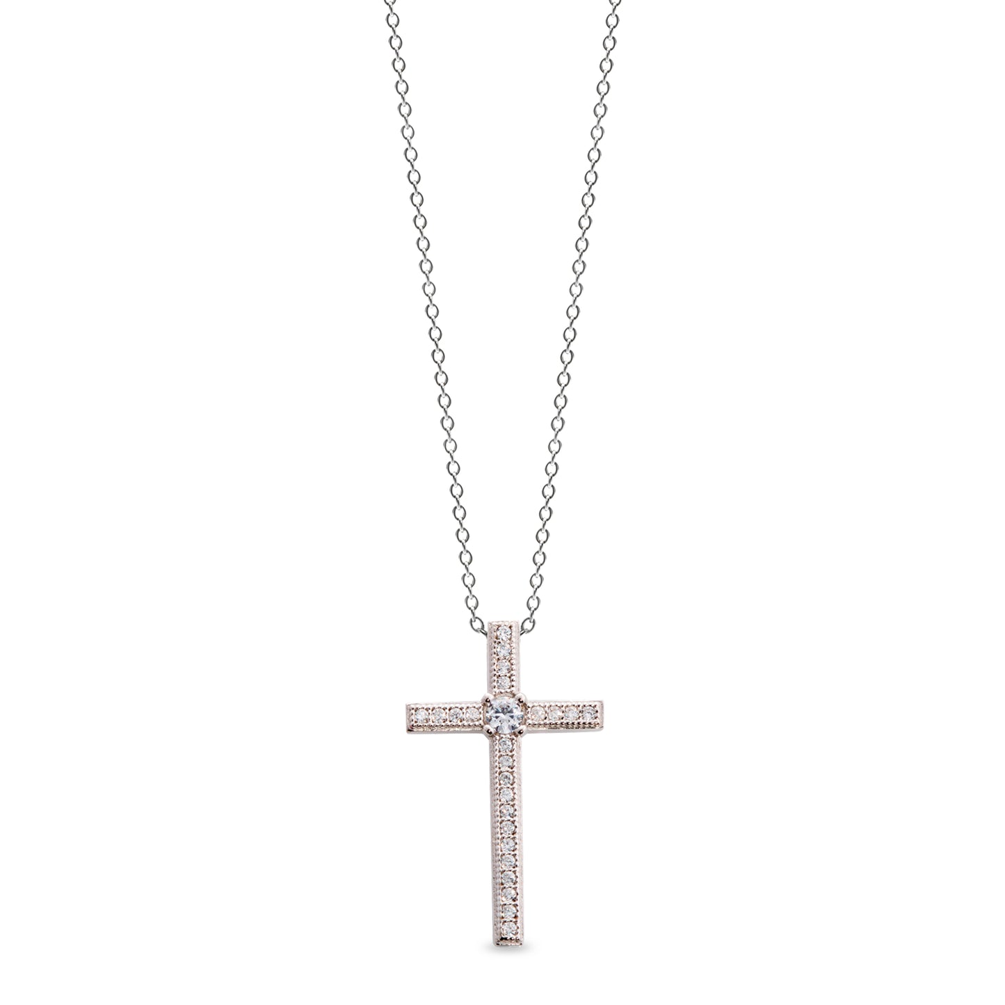 Thin Cross Pendant with Central Simulated Diamond