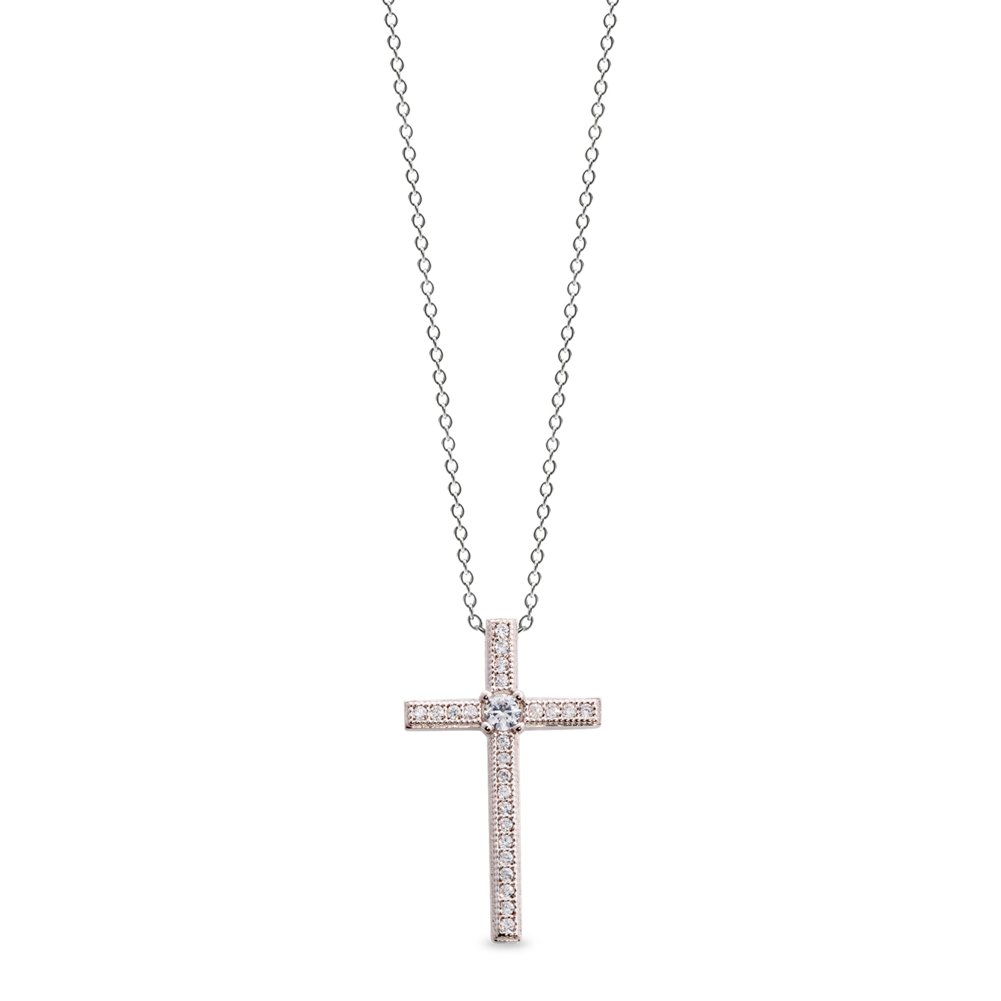 Thin Cross Pendant with Central Simulated Diamond