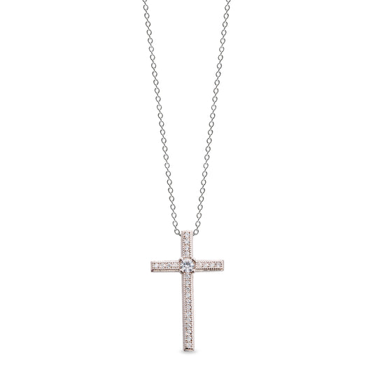 Thin Cross Pendant with Central Simulated Diamond