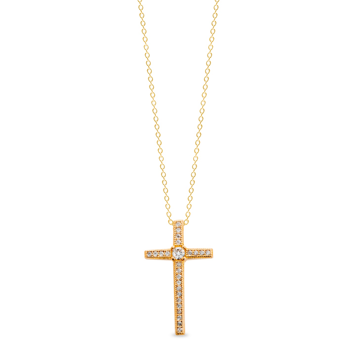 Thin Cross Pendant with Central Simulated Diamond