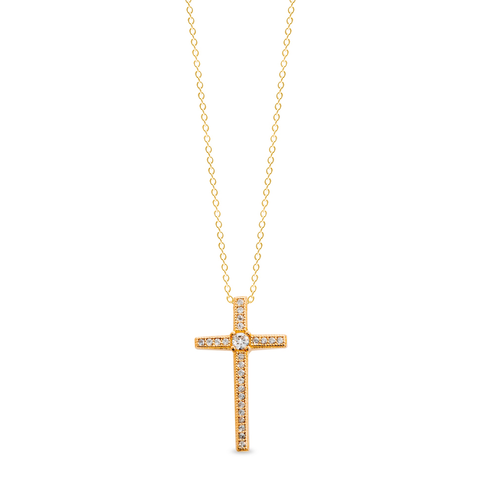 Thin Cross Pendant with Central Simulated Diamond