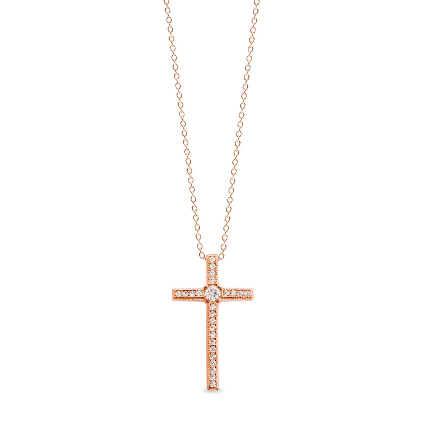 Thin Cross Pendant with Central Simulated Diamond