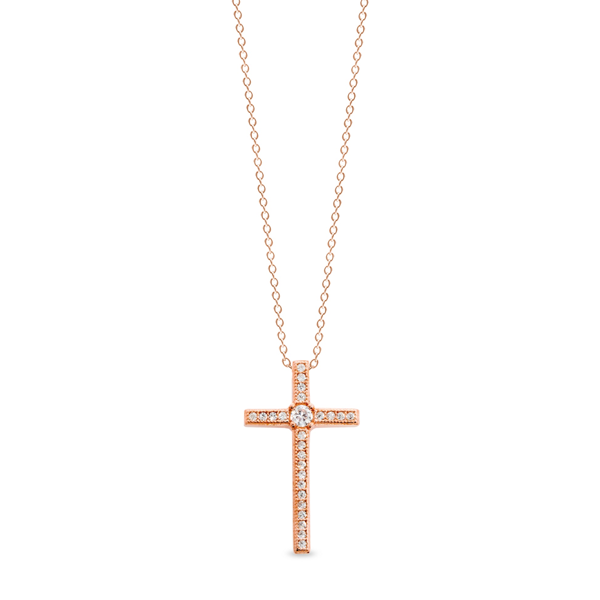 Thin Cross Pendant with Central Simulated Diamond