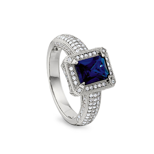 Emerald Cut Synthetic Blue Sapphire Ring