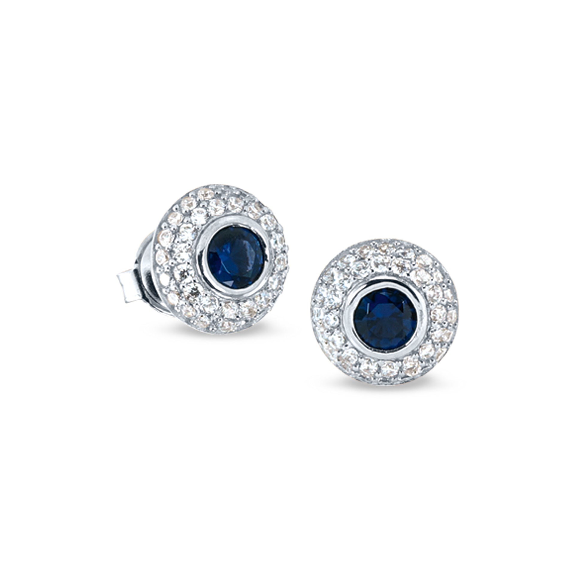 Round Synthetic Blue Sapphire Stud Earrings with Halo