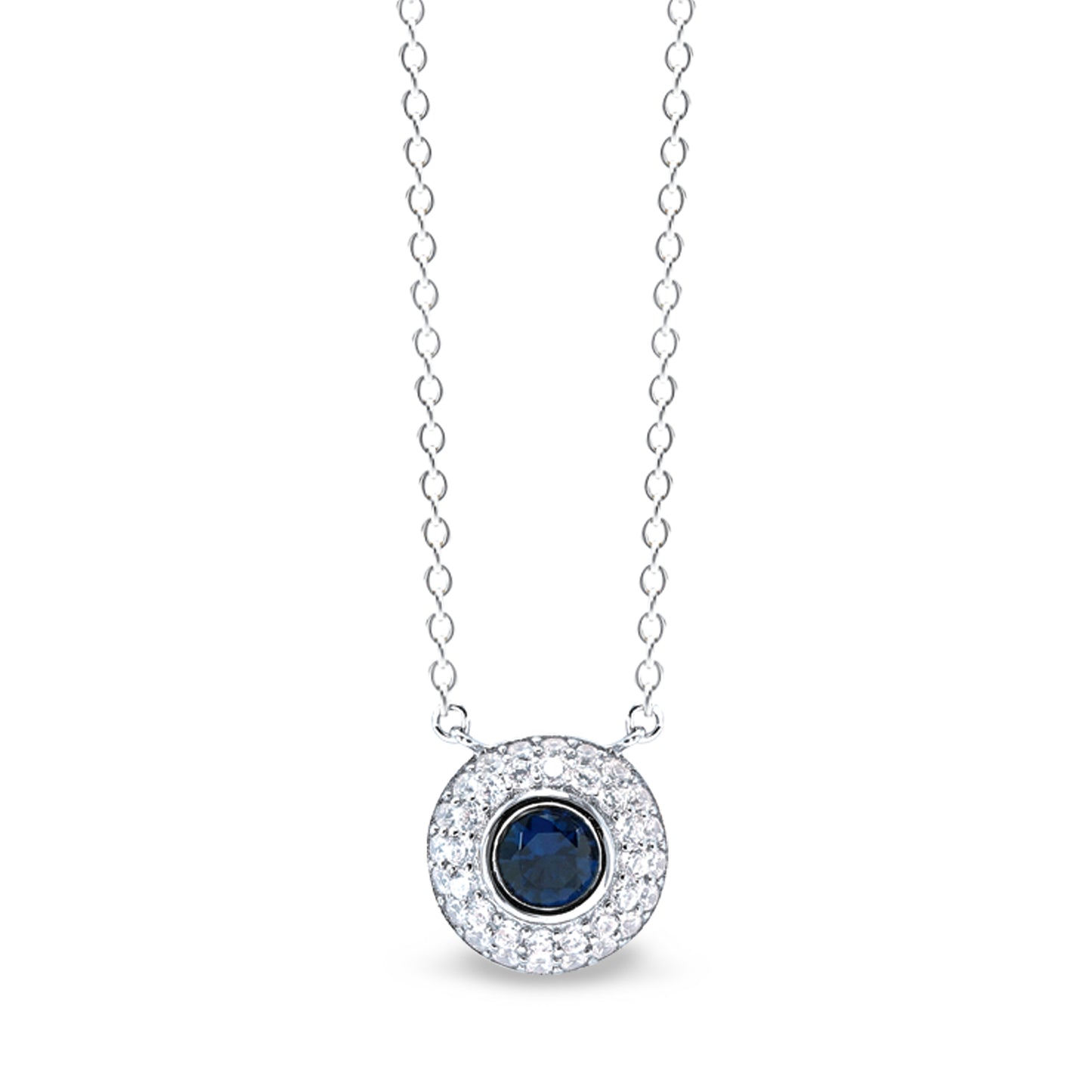 Round Synthetic Blue Sapphire Necklace with Halo