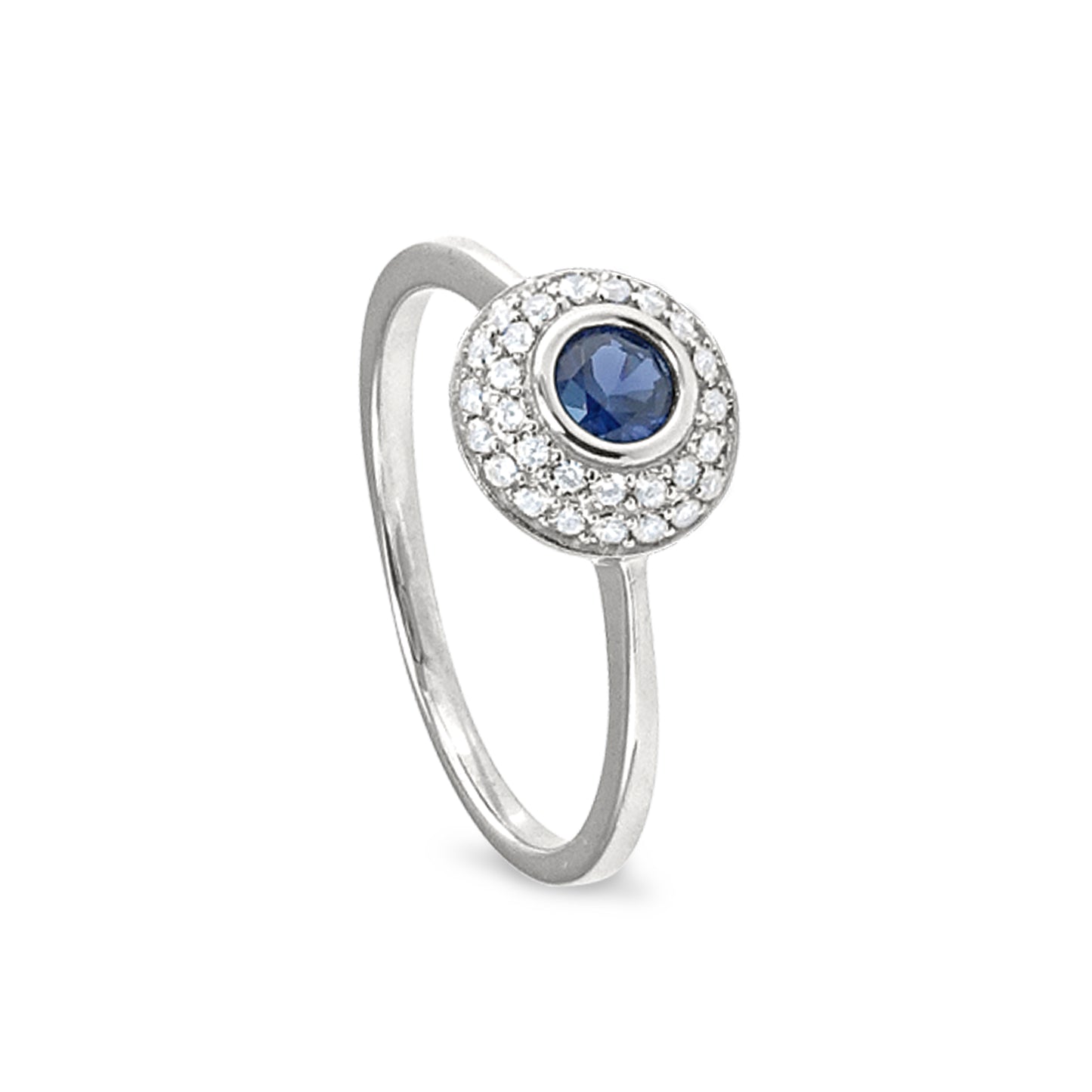 Round Synthetic Blue Sapphire Ring with Halo