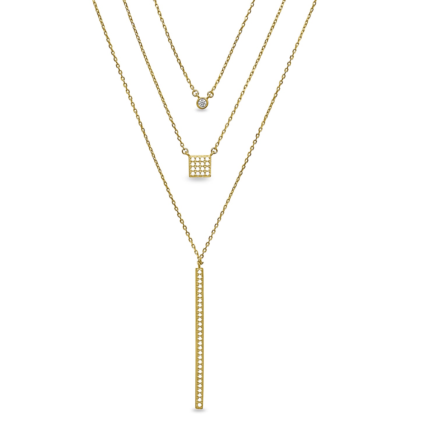 Three Layered Chain Necklace with Drop Bar