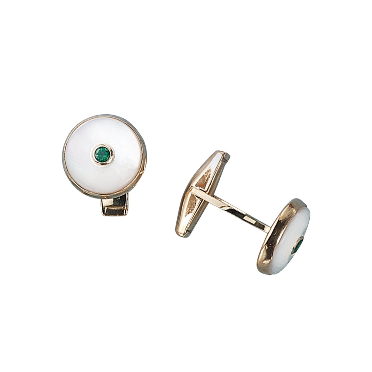 Round Mother of Pearl Cufflinks with Central Emerald