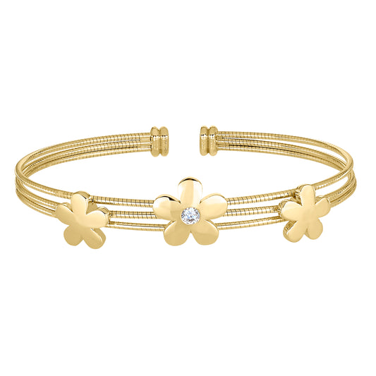 Three Flower with Central Stones Cable Cuff Bracelet