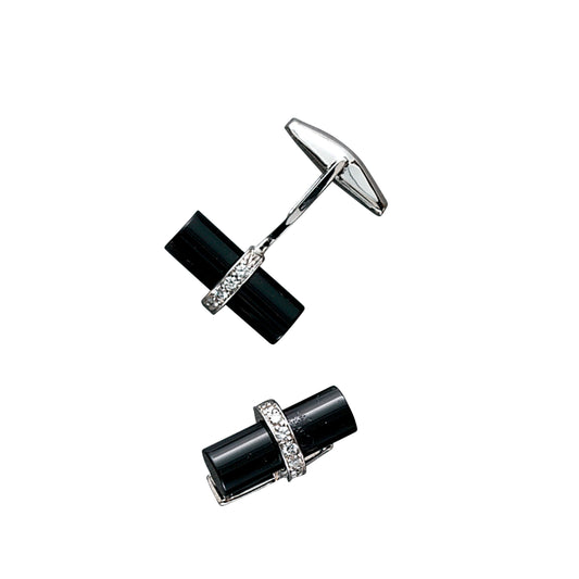 Onyx Cylinder Cufflinks with Diamond Wrap