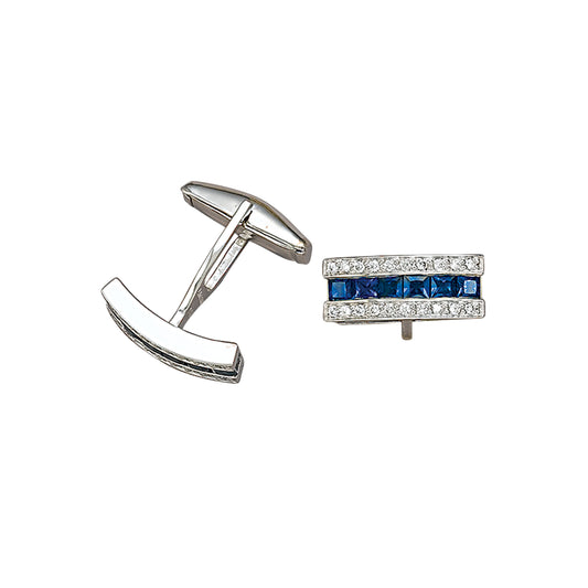 Rectangle Cufflinks with Rows of Diamonds and Sapphires