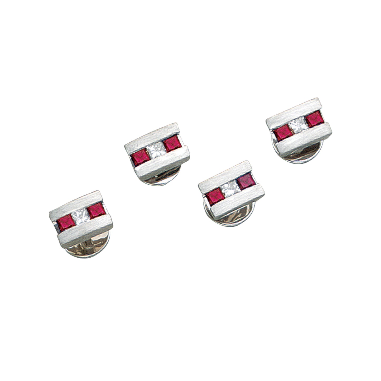 Thin Rectangle Stud Set with Central Line of Rubies and Diamonds